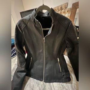 Women’s Black Faux Leather Jacket Lined with Fur w/Silver Zippers-Size L